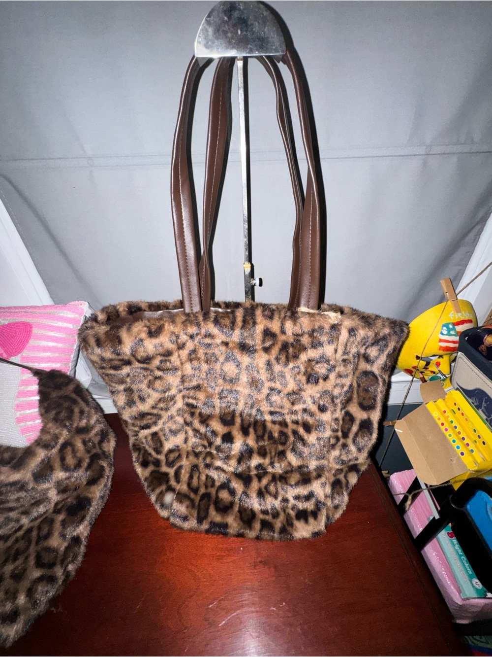 Leopard Print Faux Fur Tote with Brown Handles